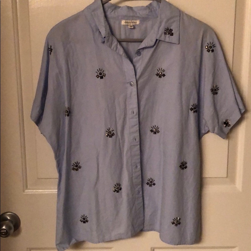 Button up embellished blue top